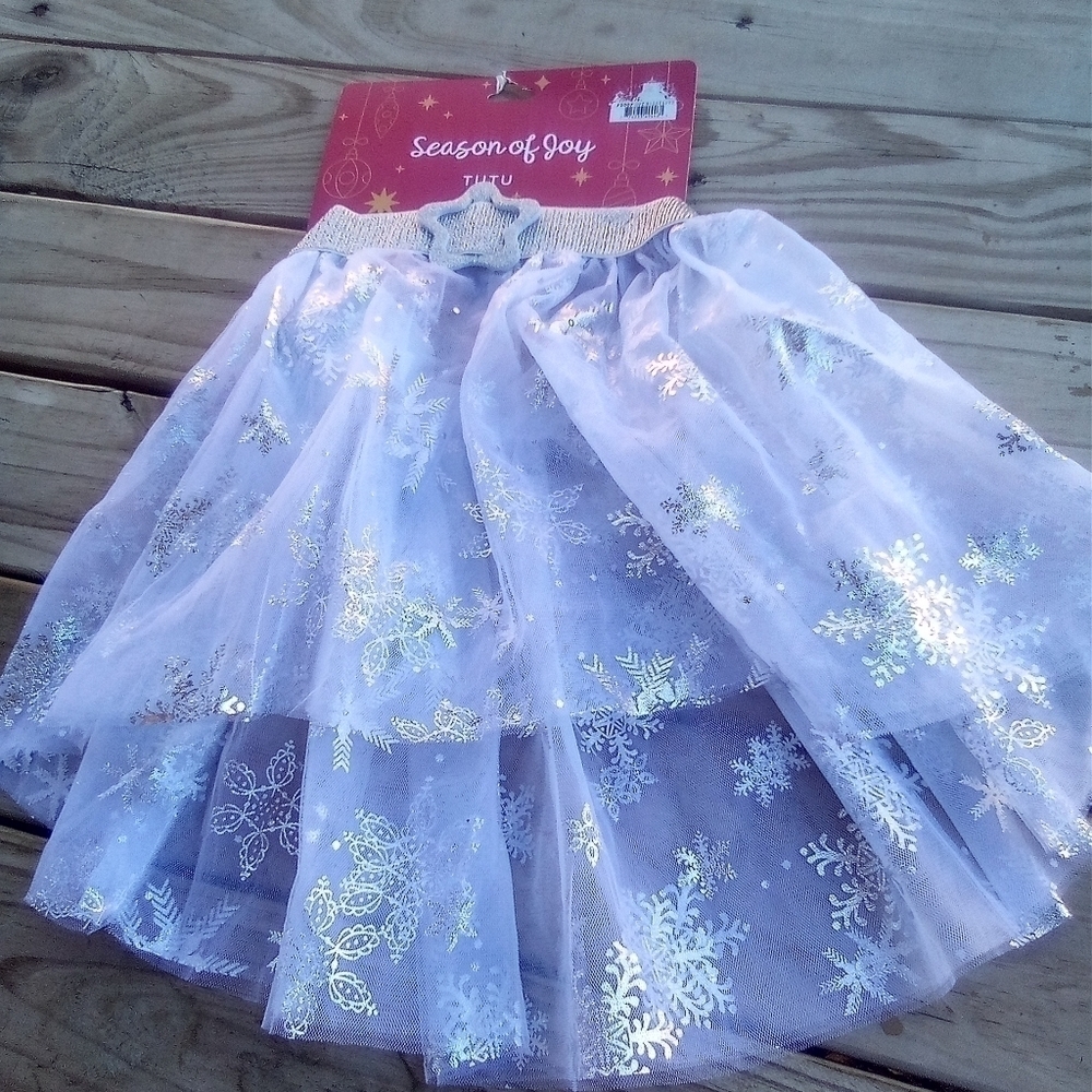 Dog or Cat White & Silver Winter TuTu Skirt One Size Christmas Holiday Snowflake